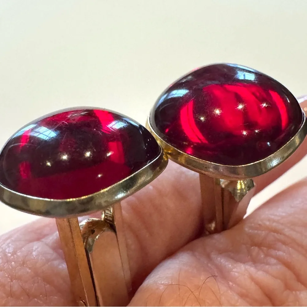 Vintage Red Lucite Cabochon Gold Tone Cufflinks